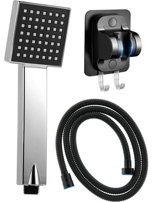 Mikasso Quadro Kare Duş Başlığı , 3m Yapışkanlı Siyah Mafsal ve Siyah Örgülü Duş Hortumu Seti Siyah Metal