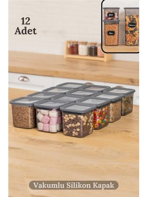 Mikasso 12'li Vakumlu Silikon Kapaklı Kare Baharat Saklama Kabı Seti - 12X(0.65 Litre) Antra Plastik Gri