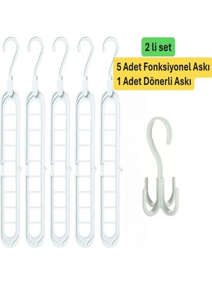 Mikasso 5 Adet Fonksiyonlu Dolap Içi Düzenleyici Organizer Askı Tişört Gömlek Elbise Askısı-Beyaz Plastik Be