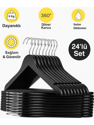Mikasso 24 Adet Elbise Askısı Ahşap Görünümlü Askı A Kalite Plastik Plastik Siyah Tr