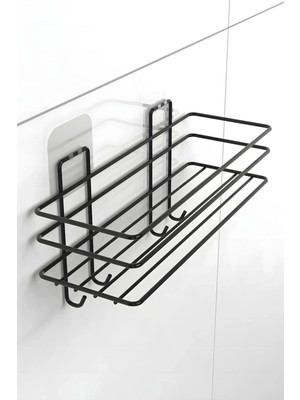 Mikasso Yapışkanlı 4 Kancalı Banyo Rafı Siyah Banyo Lif Şampuanlık Duşakabin Askısı