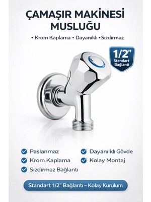 Mikasso Çamaşır Makinesi Musluğu 1/2'' Krom Pirinç Dayanıklı Sızdırmaz Bulaşık Makinesi Uyumlu