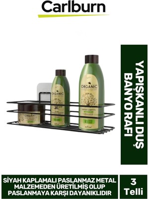 Mikasso Siyah Kaplama Paslanmaz Metal Su Birikimi Yapmaz Şeffaf Yapışkanlı 5 kg Taşıyabilen Duş Banyo Rafı Ç