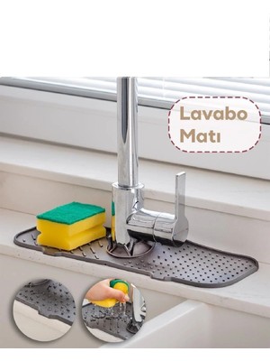 Mikasso Elastik Musluk Lavabo Matı Gri-Su Tutucu Düzenleyici Kaydırmaz Mutfak Banyo Matı, 37X12 cm Silikon G