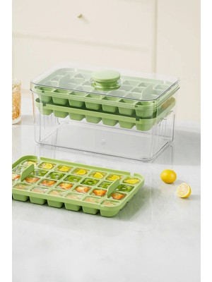 Mikasso Basmalı Çift Buz Kalıbı Buzluk Kapaklı Saklama Kutulu 56 Bölmeli Hazneli Buz Küpü Buzluk Plastik Ren