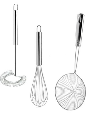 Mikasso 3'lü Kevgir Çırpıcı Set, Yağ Kevgiri, Tel Çırpıcı, Yumurta Çırpıcı Sos Karıştırıcı Mikser Paslanmaz