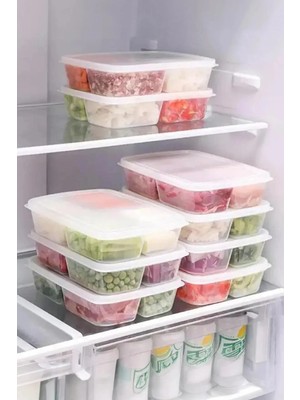 Mikasso 4 Adet 4 Bölmeli Dondurulmuş Öğünlük Et ve Sebze Saklama Kabı - Buzluk Kıyma Kutusu -1000 ml Plastik