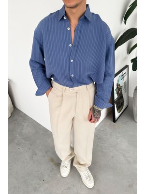 HAFKA Mavi Premium Çizgili Oversize Gömlek