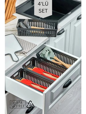 Mikasso 4'lü Set Kaşıklık ve Kepçelik Çekmece Içi Düzenleyici / Antrasit Plastik Gri