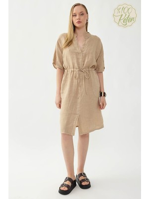 Vitrin %100 Keten Beli Bağlamalı Cepli Elbise