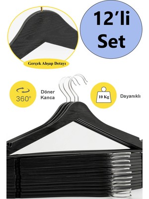 Mikasso 12 Adet Ahşap Görünümlü Plastik Siyah Elbise Askı Plastik Siyah Tr
