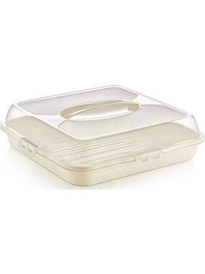 Mikasso Kare Pasta Kek Saklama Kabı Kek Fanusu Kilitli Borcam Taşıma Kabı Plastik Bej