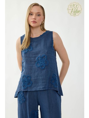 Vitrin %100 Keten Çiçek Motifli Sıfır Kol Bluz