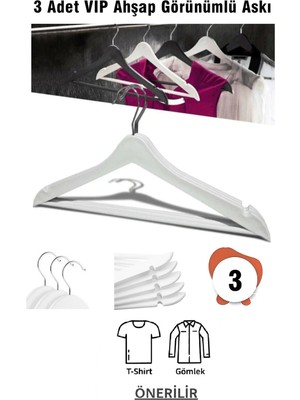Mikasso Ahşap Görünümlü Plastik Askı 3 Adet Elbise Askısı Beyaz Vıp Plastik Beyaz Tr