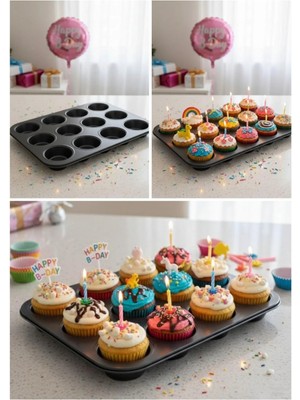Mikasso 12’li Muffin Kek Kalıbı – Dayanıklı, Çok Amaçlı Fırın Kalıbı Belirtilmemiş Siyah