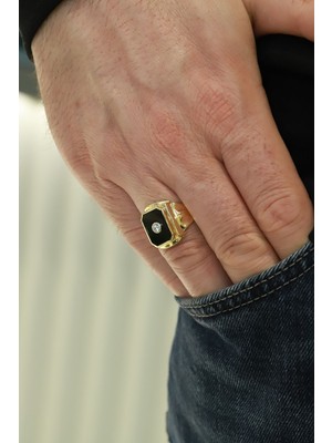 Aydın Kuyumculuk 14 Ayar Altın,siyah Mineli Tektaşlı Erkek Yüzüğü AGYZK312