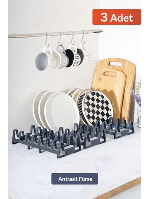 Mikasso 3 Adet 7 Bölmeli Dolap Içi Tencere Kapak ve Tabak Düzenleyici, Kurutmalık, Organizer Plastik Gri