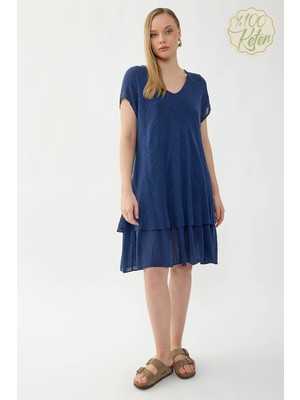 Vitrin %100 Keten V Yaka Kısa Kol Elbise