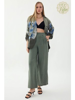 Vitrin %100 Keten Beli Lastikli Önü Pileli Pantolon