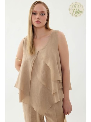Vitrin %100 Keten Sıfır Kol Dökümlü Bluz