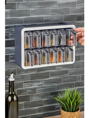 Mikasso 12LI Standlı Kendinden Yapışkanlı Kapaklı Kaşıklı Baharatlık Takımı-Kulplu Baharatlık(--Antrasit--)