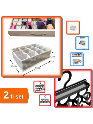 Mikasso 12 Bölmeli Çekmece Düzenleyici + Kravat ve Şal Askısı - Pratik Çözüm - 2li Set W2F4D2 Plastik Tr