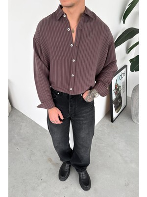HAFKA Kahverengi Premium Çizgili Oversize Gömlek