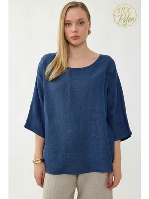 Vitrin %100 Keten Geniş Yaka Oversize Kısa Kol Bluz
