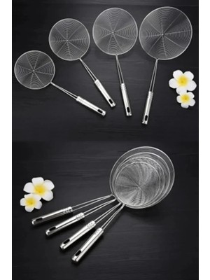 Mikasso 4lü Çelik Kevgir Süzgeç Metal Saplı Yağ Süzgeci Tel Kepçe | Kabak Sebze Patates Kızartma Servis Seti