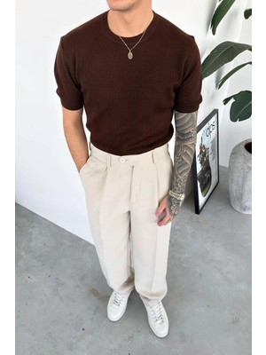 HAFKA Kahverengi Basic Bisiklet Yaka Triko Relaxed Tişört