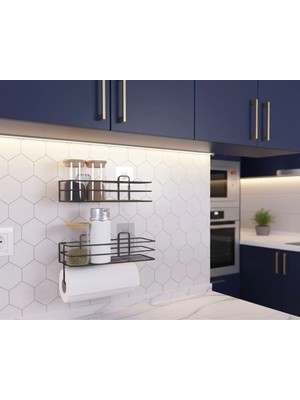 Mikasso Yapışkanlı Baharatlık 2 Li Metal Kağıt Havluluk Siyah Baharat Standı Mutfak Rafı Banyo Rafı Kağıt