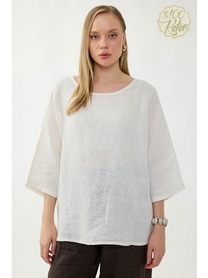Vitrin %100 Keten Geniş Yaka Oversize Kısa Kol Bluz