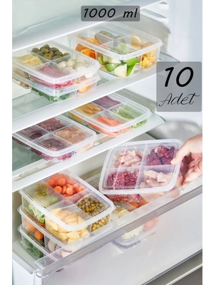 Mikasso 10 Adet 1000 ml 4 Bölmeli Buzluk ve Mikrodalga Saklama Kabı, Derin Dondurucu Saklama Kabı Plastik 20