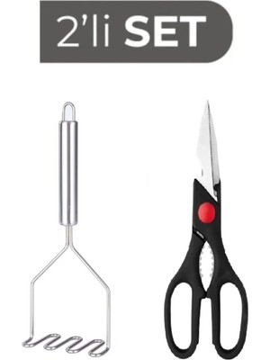 Mikasso Ultra Lüx Paslanmaz Çelik Çok Amaçlı Mutfak Makası ve Paslanmaz Çelik 24 cm Patates Ezici Paslanmaz