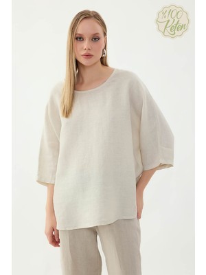 Vitrin %100 Keten Geniş Yaka Oversize Kısa Kol Bluz