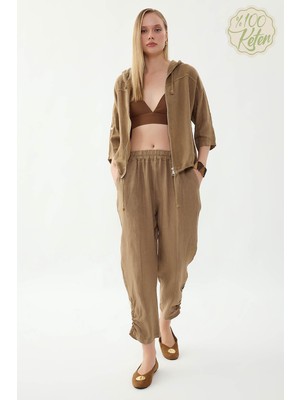 Vitrin %100 Keten Beli Lastikli Paçası Düğmeli Pantolon