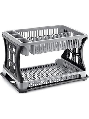 Mikasso 2 Katlı Bulaşık Sepeti, Tabaklık Bulaşıklık, Tezgah Üstü Toparlayıcı Mutfak Organizeri Plastik Gri