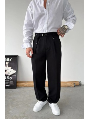 HAFKA Siyah Pile Detay Kemerli Baggy Kumaş Pantolon