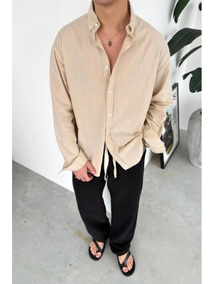 HAFKA Bej Oversize Fresh Keten Gömlek