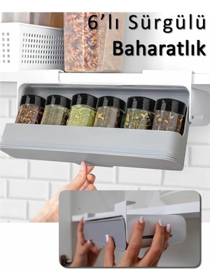 Mikasso Sürgülü 6'lı Plastik Baharatlık Organizeri | Dolap Rafına Uyumlu Yapışkanlı Plastik