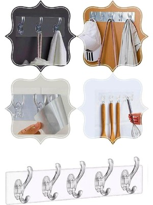 Mikasso 5'li 29*7 Şeffaf Güçlü Kendinden Yapışkanlı Kapı Duvar Askısı Ağır Yük Taşıma Plastik Şeffaf Cn