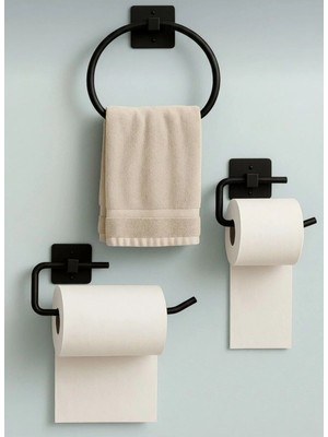 Mikasso Yapışkanlı Siyah Rulo Havluluk Wc Kağıtlık ve Yuvarlak Havluluk Banyo Mutfak 3'lü Set Siyah