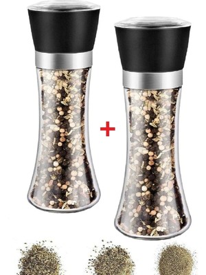 Mikasso Karabiber Tuzluk Değirmeni Seramik Bıçaklı Baharatlık Öğütücü Lüx Cam 3 Kademeli Has Değirmen Seti S