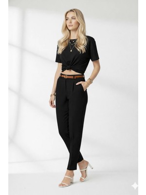 ribana Dar Paça Pileli Kemerli Mevsimlik Kumaş Kadın Pantolon