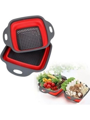 Mikasso 2 Adet Silikon Kare Katlanabilir Sebze Meyve Süzgeci Sepet Kutu Silikon