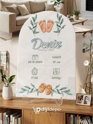 Dijidepo Kişiye Özel Gümüş Ayna Detaylı Bebek - Çocuk Doğum Anı Panosu Beyaz Pleksi Uv Baskılı 20X30 cm