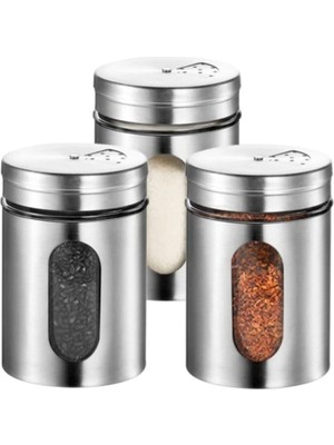 Mikasso 3 Adet Paslanmaz Çelik Kaplamalı Lüks Baharatlık Cam Tuzluk Karabiberlik Çelik Gri