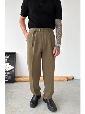 HAFKA Haki Pile Detay Kemerli Baggy Kumaş Pantolon