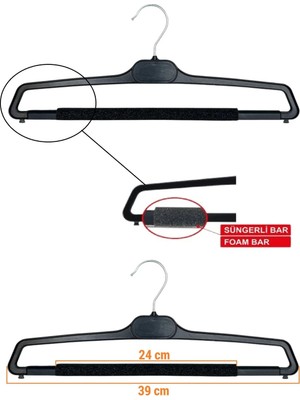 Mikasso Pantolon Askısı, Süngerli Pantolon Askısı Siyah, 10 Adet Plastik Siyah Tr