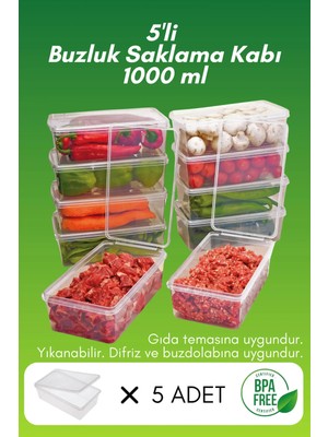 Mikasso Plastik Kendinden Kilitli- Kapaklı Saklama Kabı (Gıdaya Uygun - Hava Almaz) 1 Litre - 5 Adet Plastik